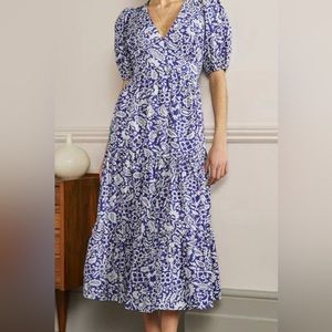Boden Puff Sleeve Tiered Midi Dress Atlantic Oriental Paradise Size 8